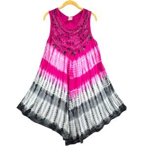 VTG Tie-dye Dress M Embroidered Boho Beachy Hippie Gypsy Pink Fairy Festival Fun